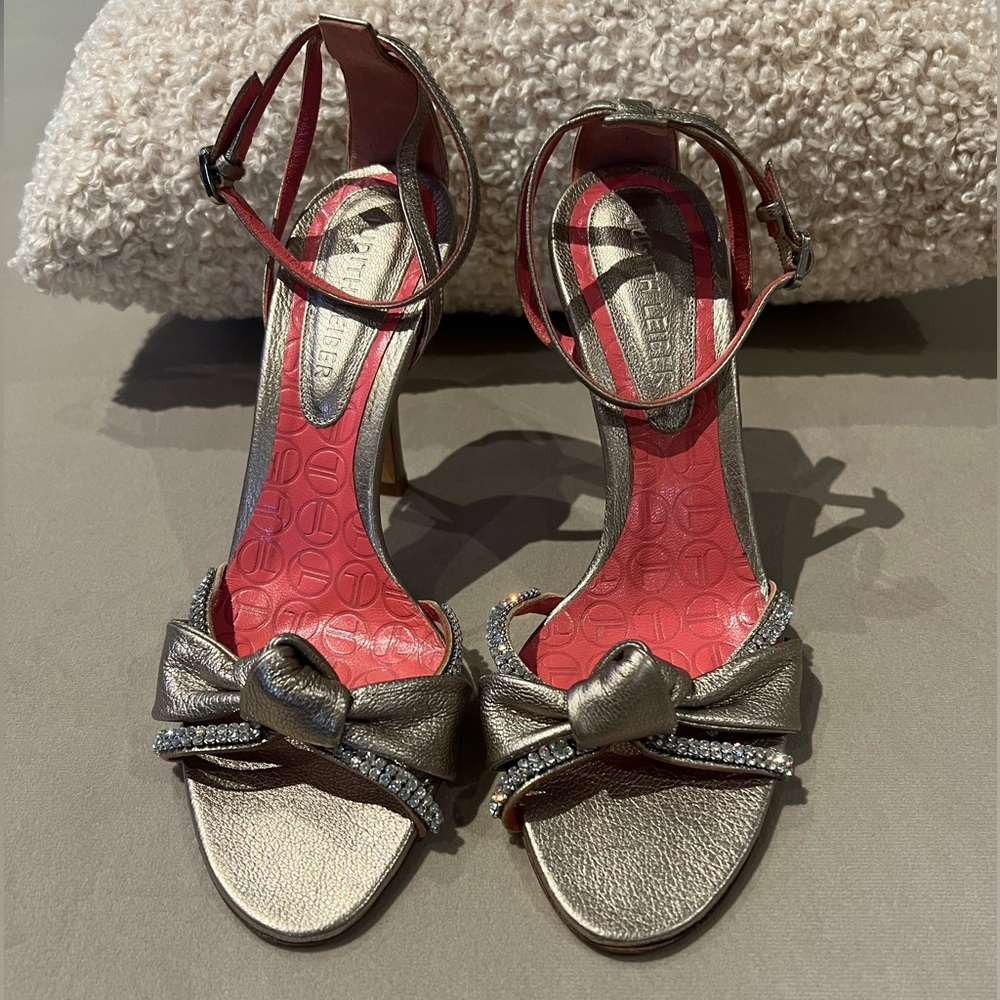 Judith Leiber leather and crystal embellished heels.